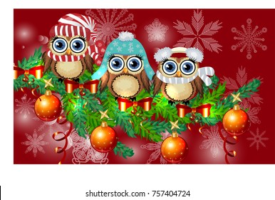 Three owls in caps, scarves, headphones on a spruce branch decorated with balls, garlands. Christmas card