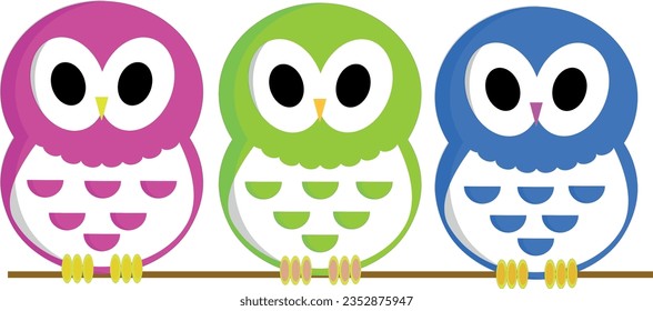 three owls of different colors on their branch