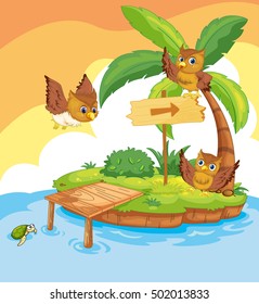 Three owls flying around the island illustration