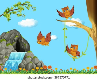 Three owls flying at the waterfall illustration