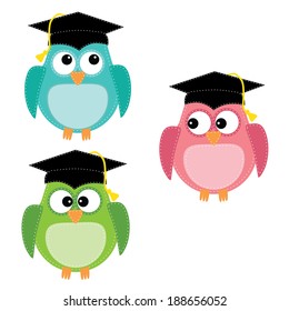 Three owls with graduation caps, for scrapbooking, vector format on transparent background.