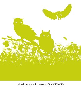Three owls in a green landscape