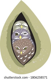 Three owls in the hollow. Vector illustration.