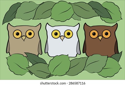Three owls in leaves