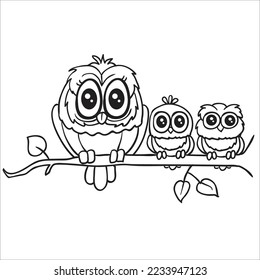 three owls are made in the contour and are sitting on a branch, isolated object on a white background, vector illustration