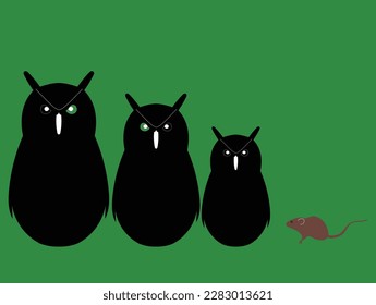 three owls and a mouse on a green background