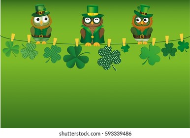 Three owls in the national costume for Patrick day sitting on a rope with Petals of clover with paper blank. Three-leaf on clothespins. Vector. Greeting card with empty space for text or advertising.