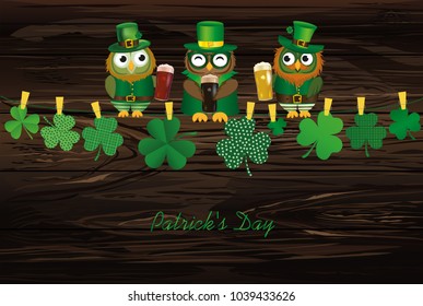 Three owls in national dress drinking beer in glasses sitting on a rope. Clover hanging on clothespins. Invitation to the day Patrick. Vector. Greeting card with empty space for text or advertising.