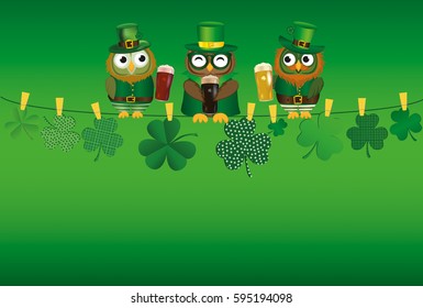 Three owls in national dress drinking beer in glasses sitting on a rope. Clover hanging on clothespins. Invitation to the Patrick day. Vector. Greeting card with empty space for text or advertising.