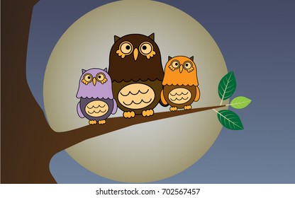 Three owls on a branch. On full moon night