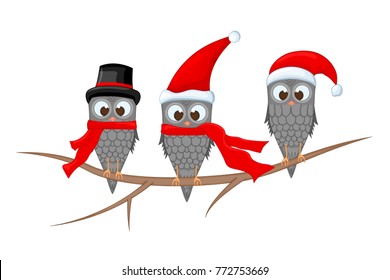 three owls on the branch in the Santa Claus hat and scarf. postcard for the new year and Christmas. Isolated objects bird on white background. Template for text and congratulations.