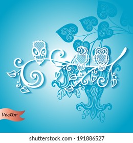 Three Owls on Ornate Branch (Vector) on Floral Background