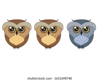 Three owls on a white background. Owl is sitting. Vector illustration. Character design