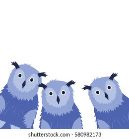 Three Owls on the white background. Hand drawn illustration. Vector.