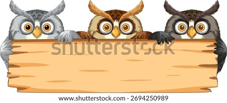 Three owls perched on a blank wooden sign