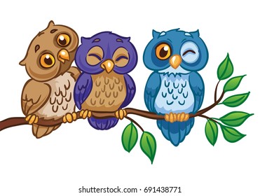 Three owls are sitting on a branch. Isolated on a white background . Vector Illustration. 