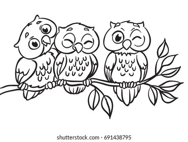 Three owls are sitting on a branch. Vector Illustration. Outlined for coloring book.