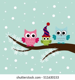 Three owls sitting on a winter branch