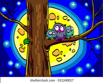 Three owls sitting in a tree. Big moon and stars shining in the night sky. Comic cartoon cute birds.