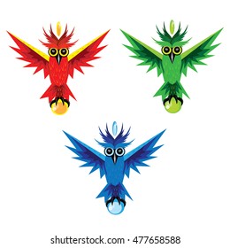 Three owls with stones in paws and on the head
