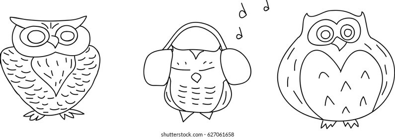 Three owls. Wise Owl. Thick Owl. Owl in headphones