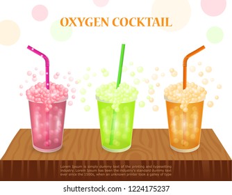 three oxygen cocktail on table. Concept for spa center. Glass with fruit cocktail and a pipe. vector illustration on a white background.