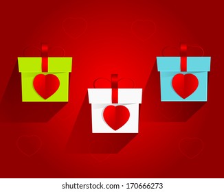 Three packages of gifts and long shadow on a red background. Holiday romantic postcard. Vector eps 10