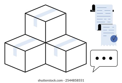 Três caixas compactadas gravadas com segurança no layout 3D. Recebimento ou fatura com uma marca de seleção azul e balão de fala com pontos de comunicação. Ideal para comércio eletrônico, transporte, logística, inventário, rastreamento