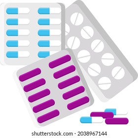 Drei Packungen Tabletten, Illustration, Vektorgrafik auf weißem Hintergrund.