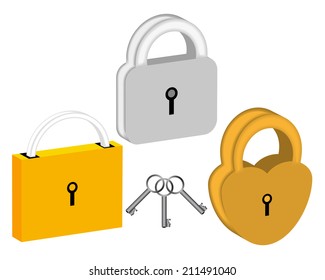 three padlocks with keys for the doors on a white background