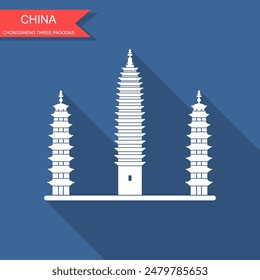 The Three Pagodas of the Chongsheng Temple. China. Flat con of Chinese landmarks