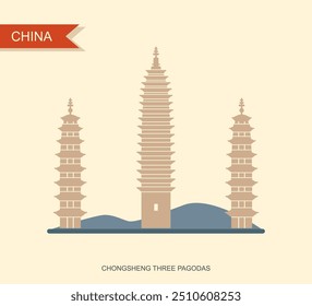 The Three Pagodas of the Chongsheng Temple. China. Flat con of Chinese landmarks