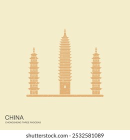 The Three Pagodas of the Chongsheng Temple. China. Flat con of Chinese landmarks