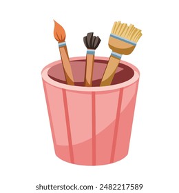 Tres pinceles de pintura en taza de color rosa o ilustración de envase de vidrio aislado sobre fondo blanco cuadrado. Simple objeto de herramientas de arte plano con dibujo de dibujos animados estilo.