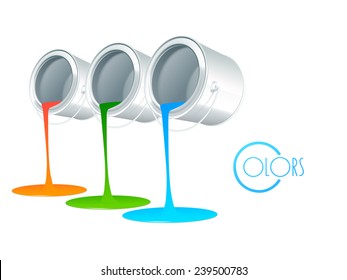 Three paint color pouring out from paint buckets and stylish text of Colors on white background.