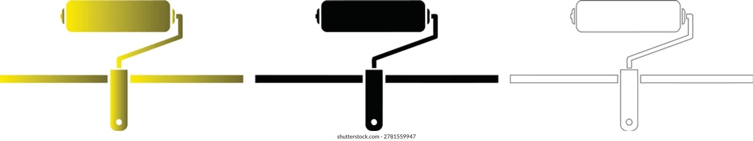 Three paint roller silhouettes in gold black and white on a white background silhouette