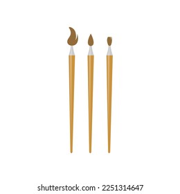 Tres pinceles de fondo blanco. Suministros escolares para ilustraciones vectoriales de niños. Papelería, concepto de educación