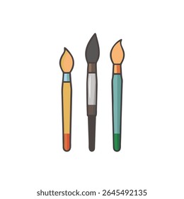 Três pincéis lado a lado isolados em preto. Vetor, design plano com alças de cores variadas e extremidades de pincel laranja.