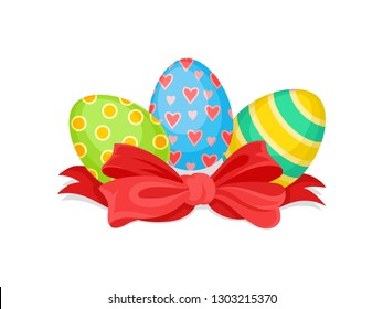 Three painted Easter eggs and big bright red bow. Decor for holiday celebration. Flat vector design