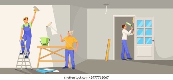 Tres pintores trabajando dentro de una habitación, pintando paredes y puertas. Estilo gráfico plano. Fondo claro. Concepto de renovación del hogar. Ilustración vectorial