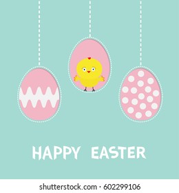 Three painting egg shell. Happy Easter text. Hanging painted egg set. Chicken baby bird. Dash line. Greeting card. Flat design style. Cute decoration element. pastel color background. Vector 