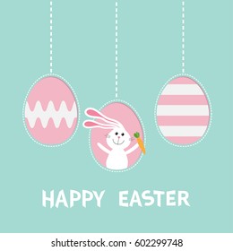Three painting egg shell. Rabbit hare with carrot. Happy Easter text. Hanging painted egg set. Dash line. Greeting card. Flat design style. Cute decoration element. pastel color background. Vector 