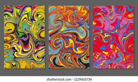 Three paintings with marbling. Marble texture. Paint splash. Colorful fluid. It can be used for poster, brochure, invitation, cover book, catalog. Vector illustration eps10
