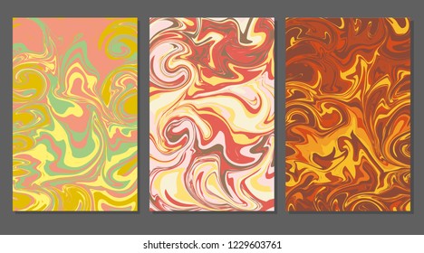 Three paintings with marbling. Marble texture. Paint splash. Colorful fluid. It can be used for poster, brochure, invitation, cover book, catalog. Vector illustration eps10