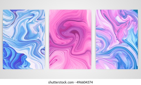 Three paintings with marbling. Marble texture. Paint splash. Colorful fluid. It can be used for poster, brochure, invitation, cover book, catalog. Size A4. Vector illustration eps10