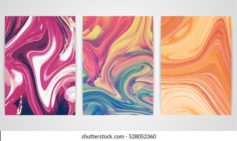 Three paintings with marbling. Marble texture. Paint splash. Colorful fluid. It can be used for poster, brochure, invitation, cover book, catalog. Size A4. Vector illustration eps10