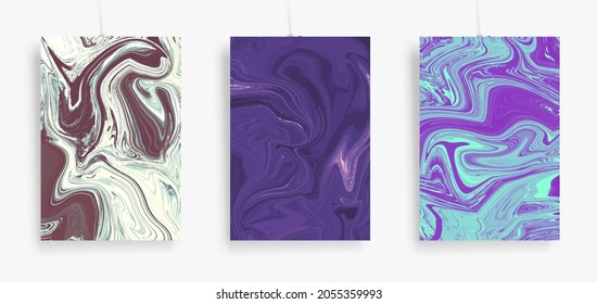 Three paintings with marbling. Vector colorful fluid. Marble texture for poster, brochure, invitation, cover design