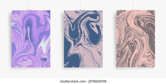 Three paintings with marbling. Vector colorful fluid. Marble texture for poster, brochure, invitation, cover