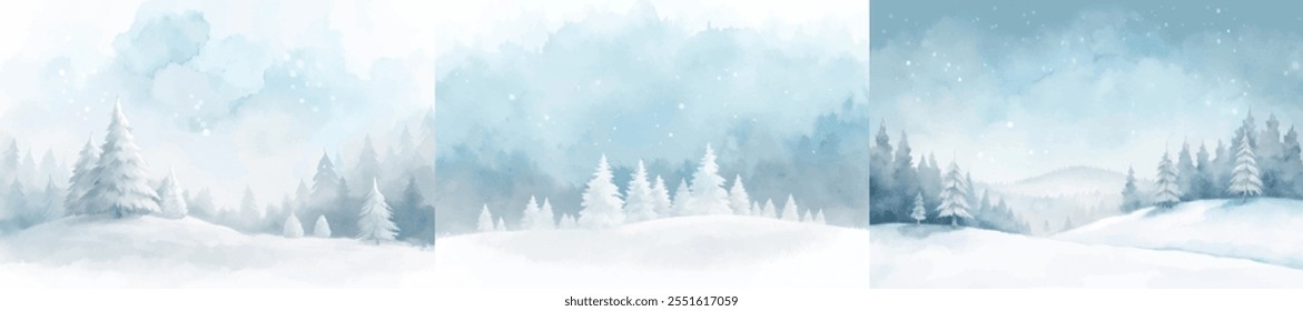 Tres pinturas de árboles cubiertos de nieve. El sentimiento de las pinturas es sereno y pacífico. Los árboles están desnudos y cubiertos de nieve, creando una sensación de quietud y tranquilidad