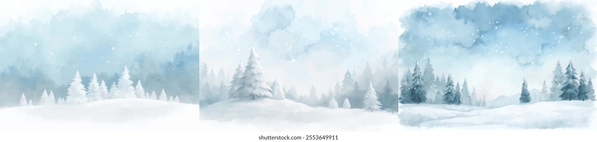 Three paintings of snow covered trees. The mood of the paintings is peaceful and serene. The trees are bare and covered in snow, creating a sense of stillness and quiet